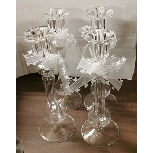 131 - Set of 4 x 24 cm tall decorated clear glass candlesticks