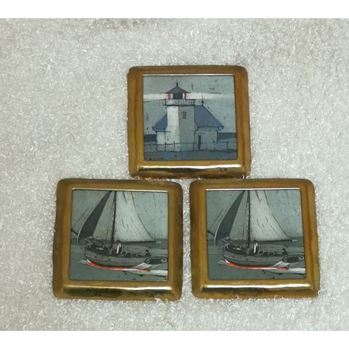 13 - Set of three, 9.5 x 9.5 cm brass framed cork back  maritime theme picture coasters