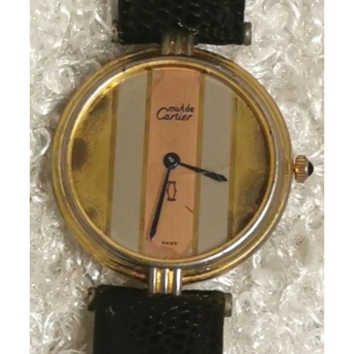 30 - Vintage non working ladies Cartier gold plate on silver watch with leather strap