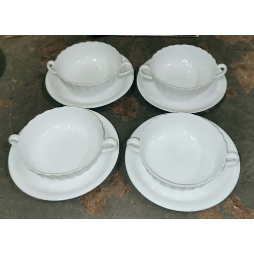 43 - Set of 4 x Spode bone china hotel ware 2 handle soup bowls with saucers