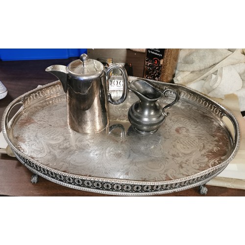 177 - 46 x 31 cm vintage silver-plated drinks tray with ball and claw feet plus hard soldered epns 1 pint ... 