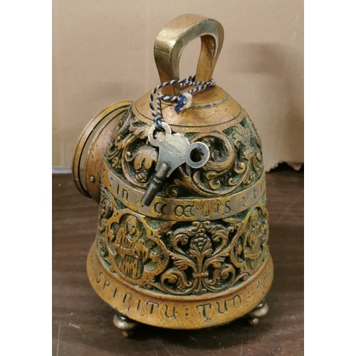 68 - 20 cm tall 19th century brass look heavy bell shaped clock with key - winds freely but not ticking?