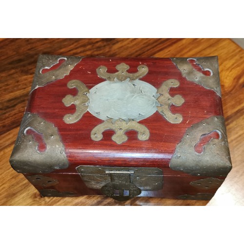 57 - Vintage 20 x 14 x 10 cm Chinese jewellery box with brass and carved Jade look detail