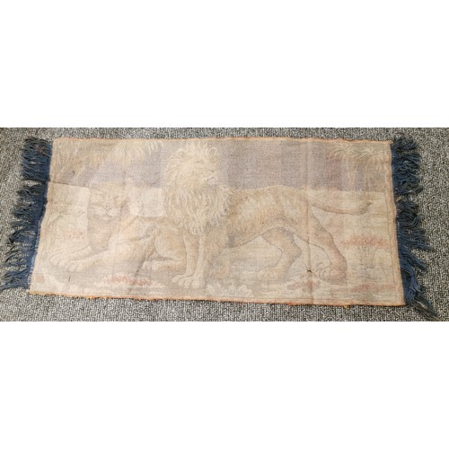 8 - Approximately 110 x 46 cm 19th century silk tasselled mat/rug with male and female lion picture