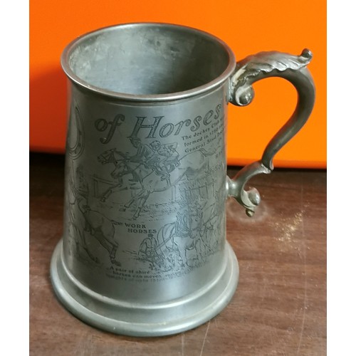 72 - Vintage Pinder Bros pewter tankard with world of horses engraved detail