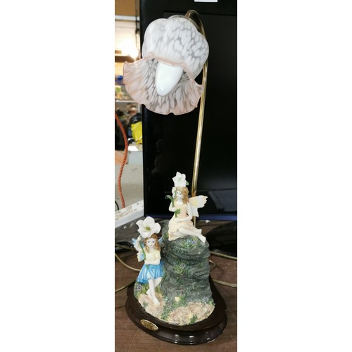 59 - 51 cm tall Academy collection fairies holding flowers swan neck figural lamp on wooden base in worki... 