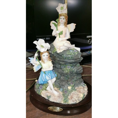 59 - 51 cm tall Academy collection fairies holding flowers swan neck figural lamp on wooden base in worki... 