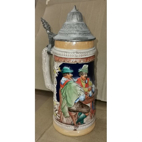 122 - 25 cm tall pewter lidded vintage embossed picture scene German stein