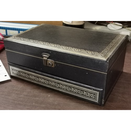 172 - Vintage leather effect cantilever jewellery box and contents