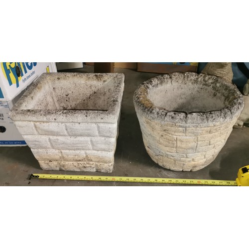 145 - 1 x round and 1 x square 28 cm tall weathered brick effect concrete planters