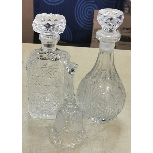 38 - 2 x glass decanters and crystal bell