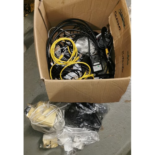 173 - Box of assorted electrical leads, plugs and chargers etc