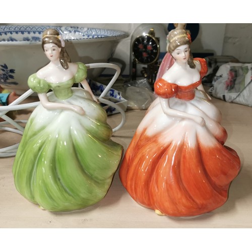 32 - Pair of 17.5 cm tall bone china Shudehill figurines, same style but different colour dresses