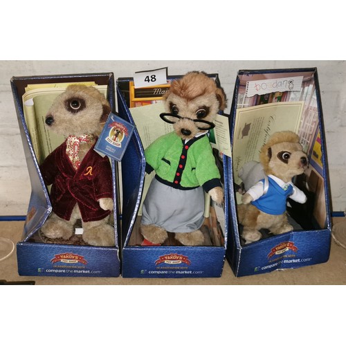 48 - 3 x Compare the Market meerkat collectable soft toys with COAs