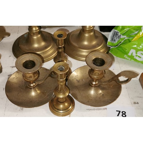 78 - Pair of brass porters candlesticks and pair of small brass candle sticks