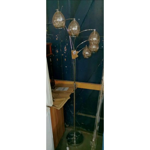 156 - Approx 5 ft floor stand chrome 5 arm lamp with glass and crystal droplet shades