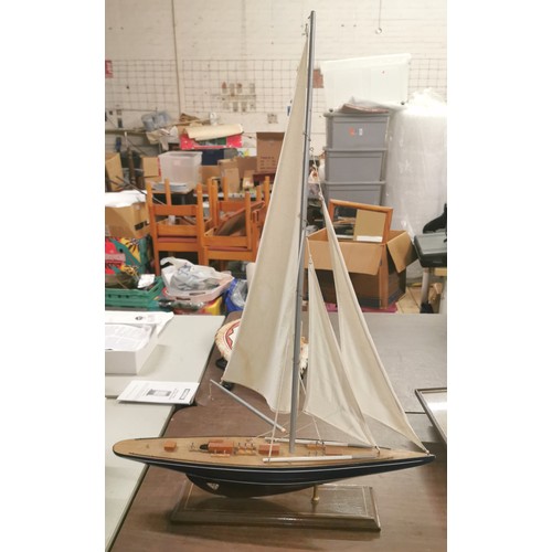 1 - Nice approx 87 cm tall wooden pond yacht mounted onto wooden display base