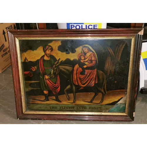 11 - 41.5 x 32 cm reverse painting on glass religious scene titled the flight into Egypt - damage bottom ... 