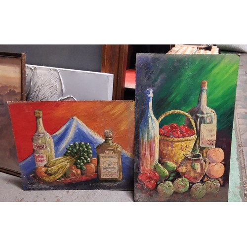 127 - 51 x 40.5 cm & 40.5 x 61.5 cm unframed alcohol and fruit still life retro oil on board paintings  by... 
