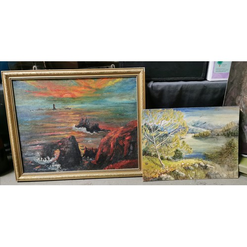 129 - 55.5 x 46 cm framed coast scape painting & 41 x 30.5 cm unframed landscape both by A. Sutherland