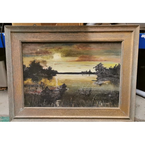 160 - Retro 60 x 45.5 cm framed lakeside scene oil painting on board, unsigned but believed to be by Anthe... 