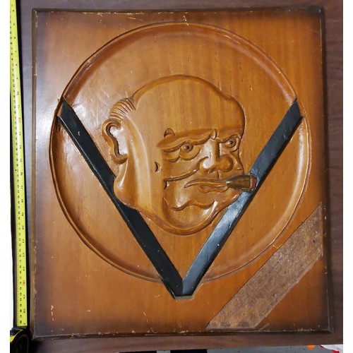315 - 55 x 61 cm hand carved wall decoration caricature of Sir Winston Churchill and 8 x assorted WWII fac... 