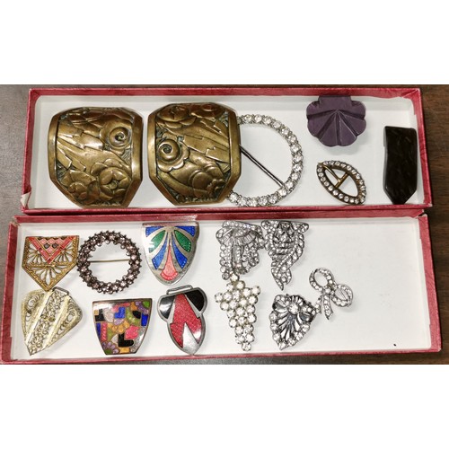 34 - Pair of large French buckles plus others including diamante, marcasite etc