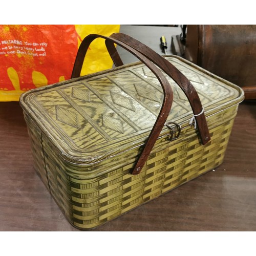 146 - Rare 41 x 26 cm wicker hamper look tin with twin wooden handles