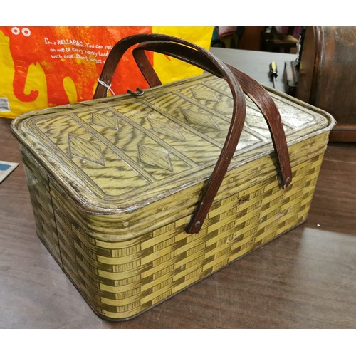 146 - Rare 41 x 26 cm wicker hamper look tin with twin wooden handles