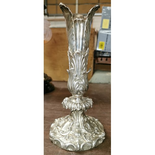 305 - 26 cm tall ornate heavy unstamped white metal large candle holder/vase
