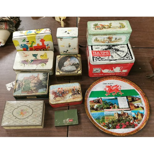 327 - Job lot of vintage tins and old Welsh tin souvenir round tray