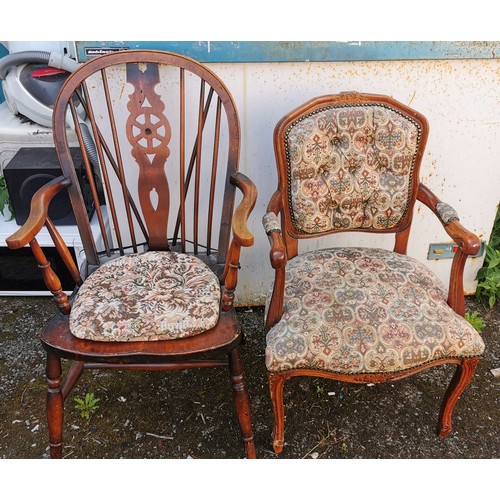 157 - Dark oak wheel back and other deep button back tapestry covered carver/desk chair