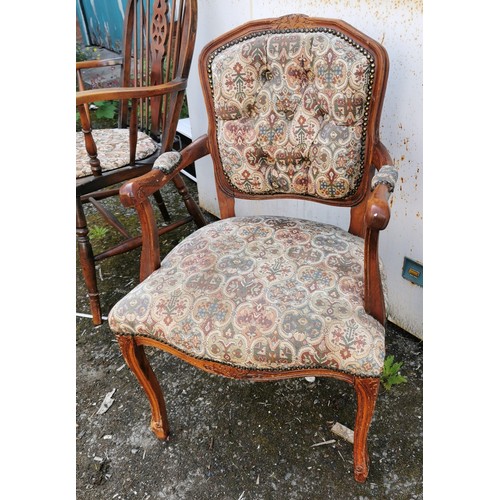 157 - Dark oak wheel back and other deep button back tapestry covered carver/desk chair