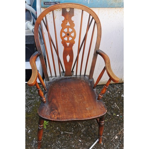 157 - Dark oak wheel back and other deep button back tapestry covered carver/desk chair