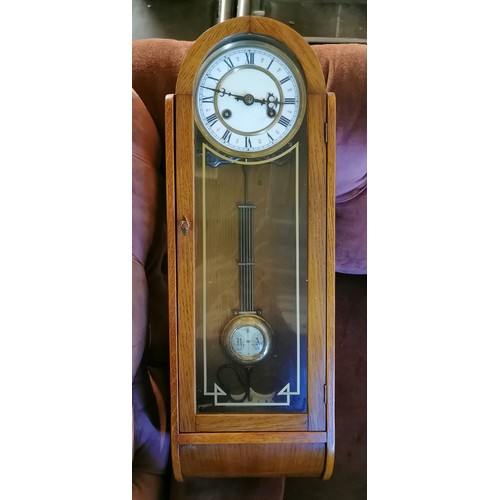 9 - Nice light oak 61 cm tall wall clock with pendulum and key