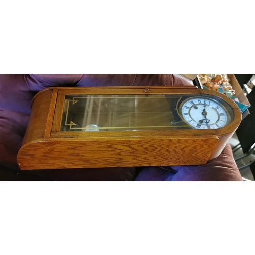 9 - Nice light oak 61 cm tall wall clock with pendulum and key