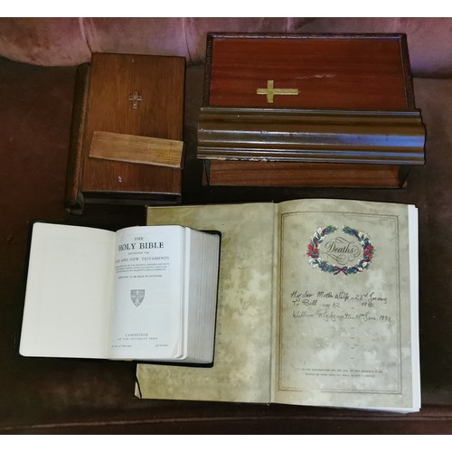 121 - Collins large family bible and smaller Cambridge university press bible, both in book shaped wooden ... 
