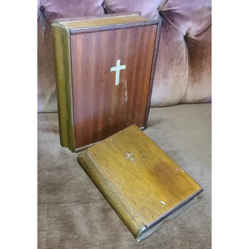 121 - Collins large family bible and smaller Cambridge university press bible, both in book shaped wooden ... 