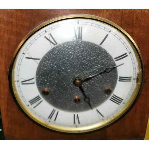 47 - Approx 119 cm tall mahogany cased roman numeral grandaughter clock with pendulum but no key