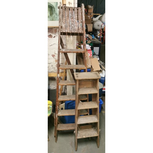 170 - Large wooden double ladder and 2 x different size step ladders