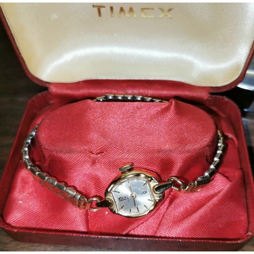 22 - Cased non working ladies rolled gold Timex watch with elasticated strap