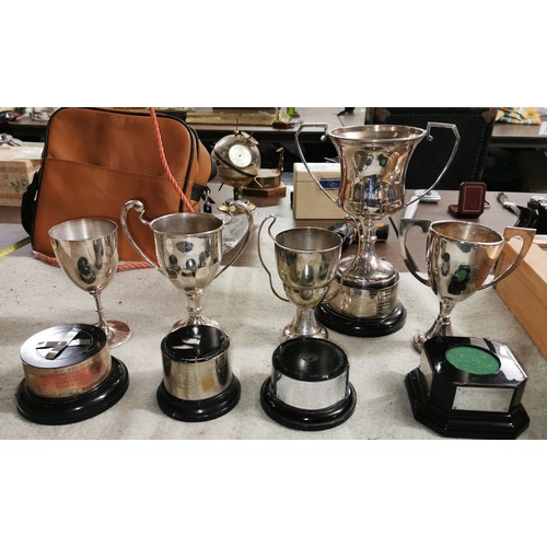 136 - Bundle of assorted engraved Lucilla Festival, amateur dramatic silver plated trophies and silver pla... 