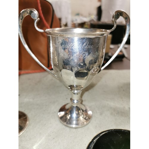 136 - Bundle of assorted engraved Lucilla Festival, amateur dramatic silver plated trophies and silver pla... 