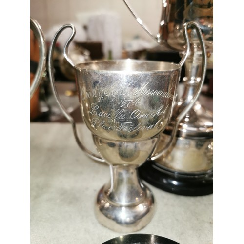 136 - Bundle of assorted engraved Lucilla Festival, amateur dramatic silver plated trophies and silver pla... 