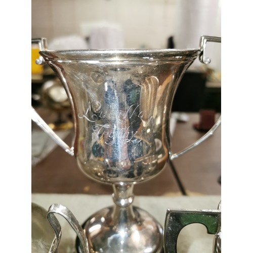 136 - Bundle of assorted engraved Lucilla Festival, amateur dramatic silver plated trophies and silver pla... 