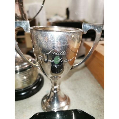 136 - Bundle of assorted engraved Lucilla Festival, amateur dramatic silver plated trophies and silver pla... 