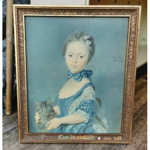 5 - 35 x 40.5 cm framed vintage Medici Society print, a girl with a kitten by PERRONNEAU