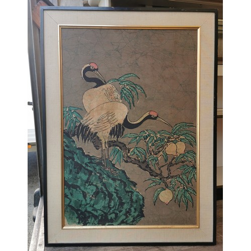 178 - 68 x 83 cm framed Vintage Chinese Batik picture of cranes and peaches