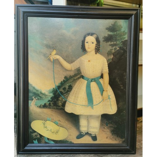 179 - 68.5 x 84 cm framed Medici society print of girl with budgerigar? bird on hand possibly by American ... 