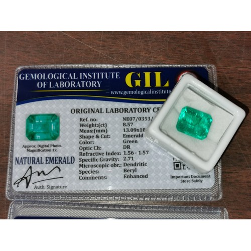 44 - Emerald cut heat treated 8.57 ct green natural emerald gem stone with certification and education ca... 